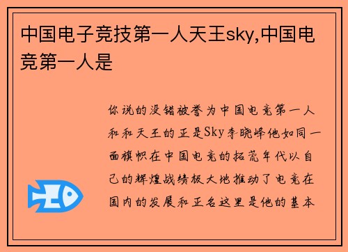 中国电子竞技第一人天王sky,中国电竞第一人是